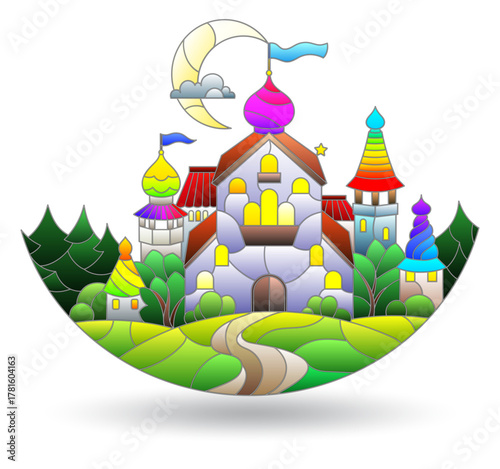 A set of stained glass illustrations with an ancient castle and landscape, isolated on a white background