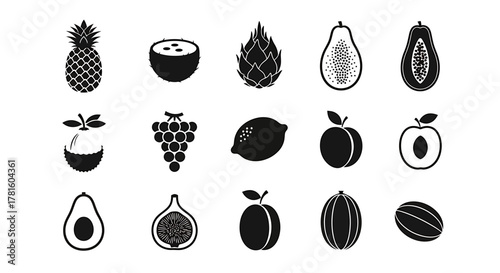 Set of various fruits in black silhouette isolated on white background