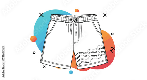 Technical drawing of men's casual or swim shorts with an elastic drawstring waistband and decorative wave stitching on a vibrant background.