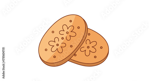 Deliciously simple cartoon illustration of two oval-shaped cookies with decorative flower patterns and tiny dots, on a white background.