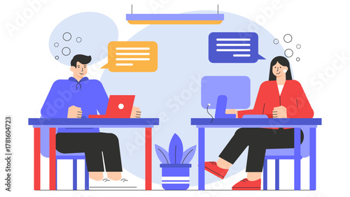 Modern Open Office Space Flat Vector Illustration