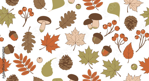 Autumnal elements of nature including leaves berries and mushrooms are scattered across a white background.