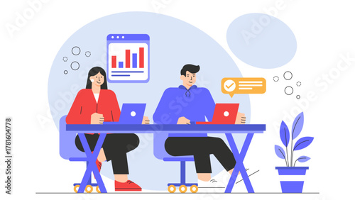 Business People Working at Shared Desk Flat Vector Illustration