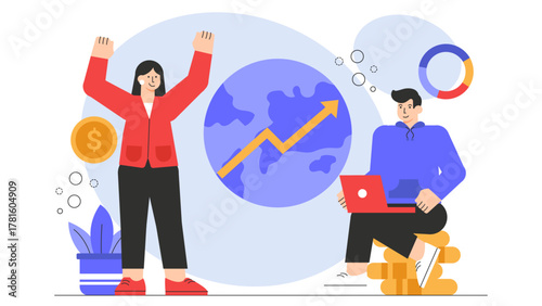 Worldwide Business Expansion and Market Growth Flat Vector Illustration