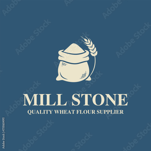 Classic vector logo for Mill Stone quality wheat flour supplier, featuring a traditional sack of flour with a wheat ear against a deep blue background, symbolizing quality and harvest.