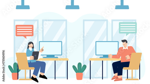Modern Open Office Space Flat Vector Illustration