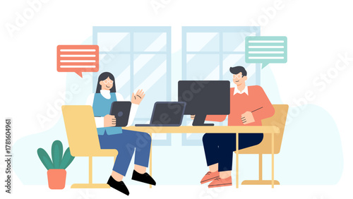 Business People Working at Shared Desk Flat Vector Illustration