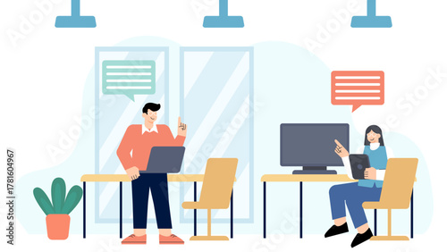 Office Interior with Employees Flat Vector Illustration