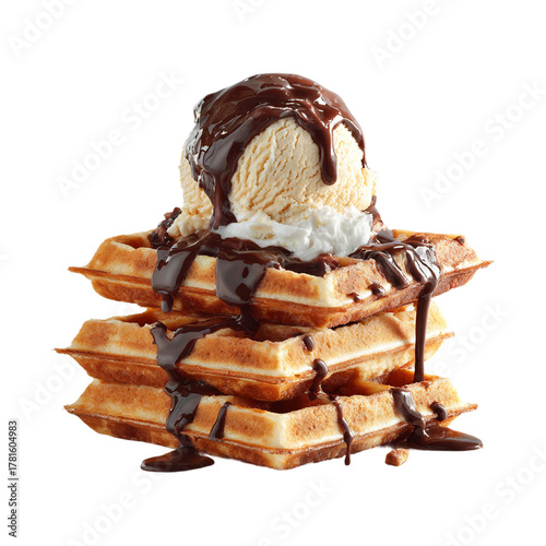 Three stacked Belgian waffles topped with vanilla ice cream scoop and dripping chocolate syrup isolated on white background, gourmet dessert and breakfast concept