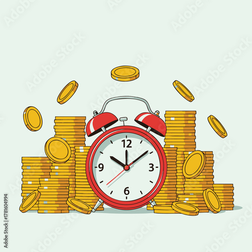 Time is Money: A Red Alarm Clock Surrounded by Gold Coins.