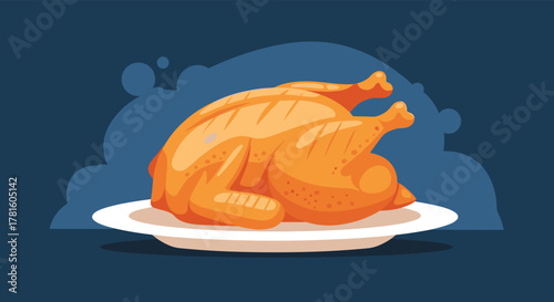 A beautifully roasted, golden brown whole chicken is presented on a white plate, set against a dark blue background, ideal for a festive dinner.