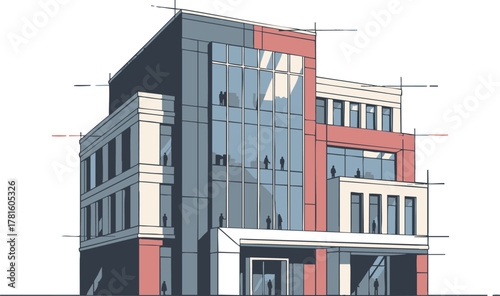 Modern architectural building design with glass facade and red accents a contemporary structure.