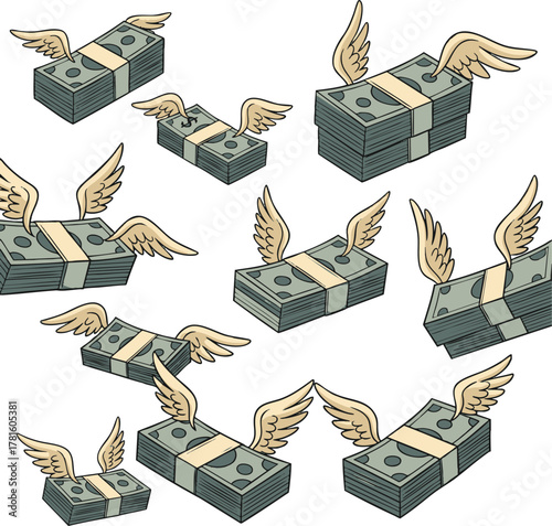 Flying money bundles with wings representing financial freedom and wealth.