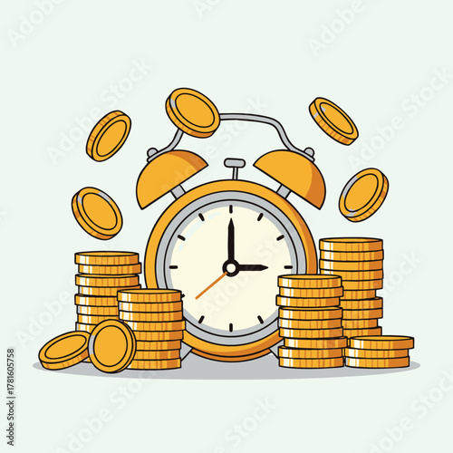 Time is Money: A Clock Surrounded by Piles of Gold Coins.