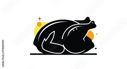 Stylized black silhouette of a delicious roasted chicken or turkey, adorned with warm abstract shapes and a celebratory star on a clean white background.
