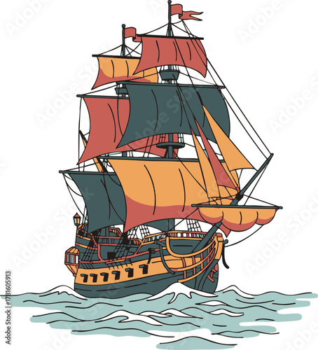 Magnificent sailing ship gracefully navigating the vast ocean waters under a bright sky.