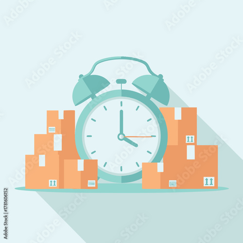 Time-sensitive delivery: Clock and packages symbolize urgency and shipping.