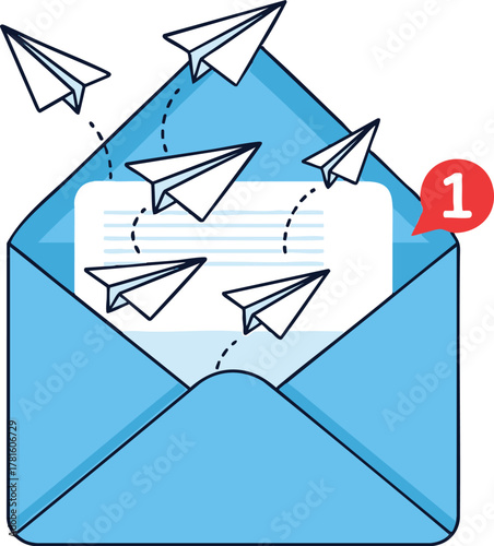 Email notification with paper airplanes and a new message alert.
