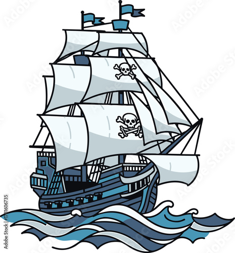 Pirate ship sailing the ocean with skull and crossbones on its sails a symbol of adventure.