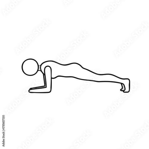 A minimalist outline illustrates a person performing a plank exercise, emphasizing core strength and fitness against a white backdrop.
