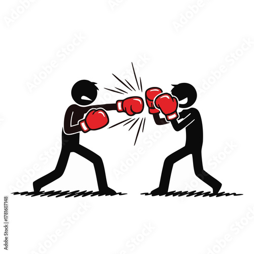 Two stick figures engage in a boxing match, one delivering a punch with red gloves, the other preparing to defend themselves in a cartoon illustration.