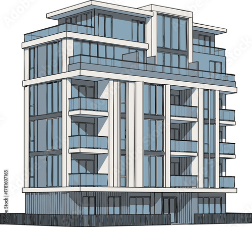 Modern architectural design of a multi-story residential building with glass balconies and windows.