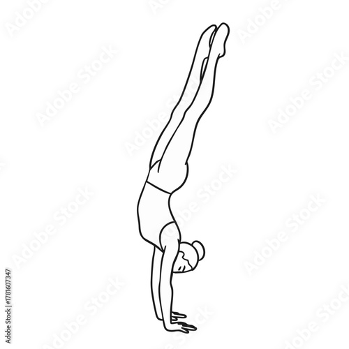 A graceful line drawing illustrates a woman performing a handstand, showcasing balance, strength, and the beauty of human movement in a minimalist style.