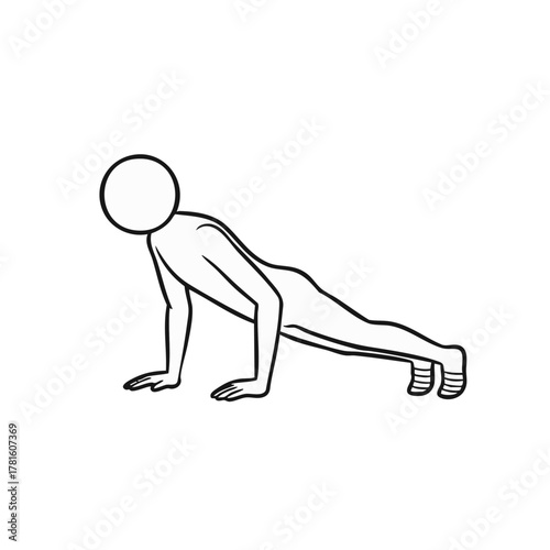 A simple line drawing depicts a stick figure performing a push-up, emphasizing fitness and exercise with a minimalist style.