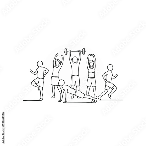 A line drawing depicts a group of diverse individuals engaged in various fitness activities, promoting health and wellness through exercise.