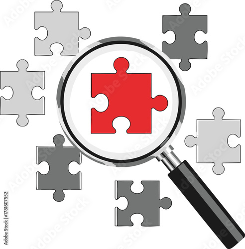 Magnifying glass focuses on red puzzle piece finding solution concept.