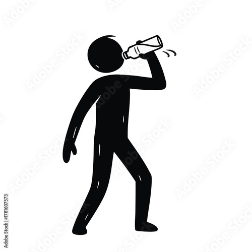Simple black silhouette of a person drinking water from a plastic bottle, depicting hydration and refreshment on a white background.