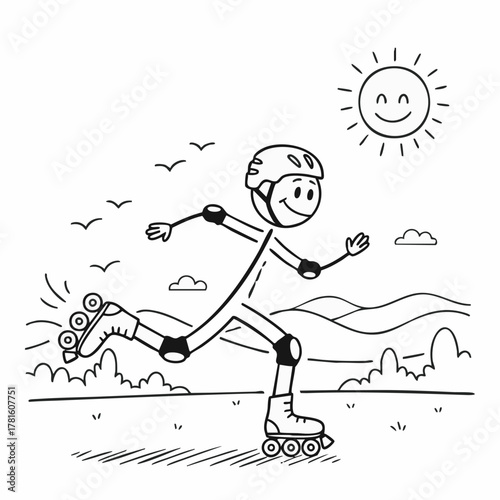 A cheerful stick figure enjoys roller skating outdoors on a sunny day, wearing protective gear for safety and having fun in nature.