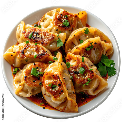 Steamed chicken momos (nepalesetibetan dumplings) in a bamboo basket, beautifully isolated on a bright white background