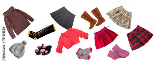 Photos assortment photograph of various colorful children's winter and fall clothing it