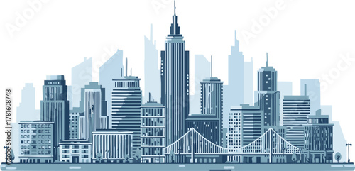 Cityscape illustration featuring skyscrapers bridges and urban infrastructure in a monochromatic style.