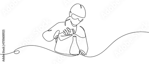 A female researcher is conducting an experiment, one continuous line. One line drawing background. Vector illustration. Editable stroke.