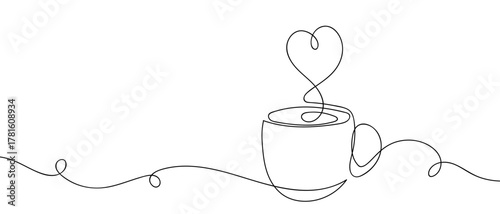 A coffee cup with a continuous line of heart-shaped smoke. One line drawing background. Vector illustration. Editable stroke.