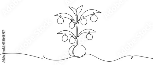 The tree grows into a line of coins. One line drawing background. Vector illustration. Editable stroke.