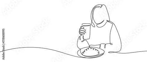 Woman eating and holding a glass of beer in her hand, one continuous line One line drawing background. Vector illustration. Editable stroke.