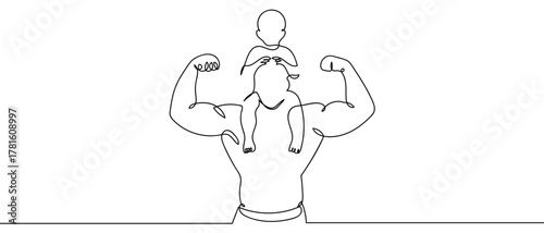 The child rides on the father's neck, one line continuously. One line drawing background. Vector illustration. Editable stroke.