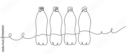 Set of four empty water bottles, one continuous line One line drawing background. Vector illustration. Editable stroke.