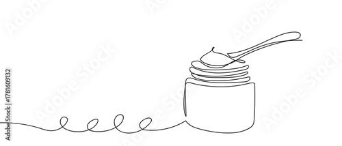 A spoon is scooping cream from a jar, one continuous line. One line drawing background. Vector illustration. Editable stroke.