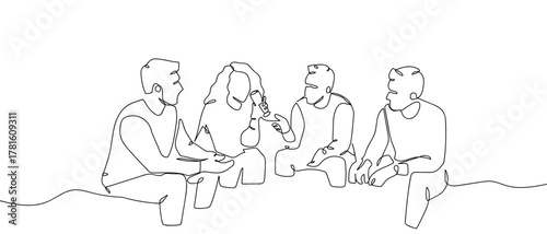 A group of people are talking at a dining table, one continuous line. One line drawing background. Vector illustration. Editable stroke.