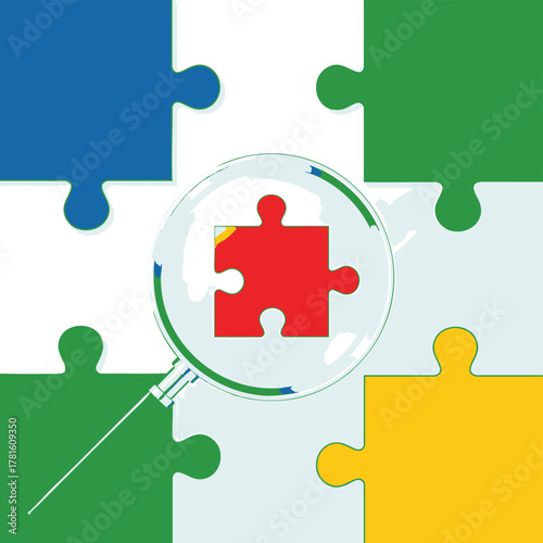 Magnifying glass focuses on a red puzzle piece within a puzzle.