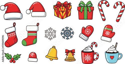Christmas clipart set with Santa hat, gift, candy cane, and more. Doodle elements for decoration and sticker design.