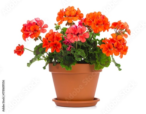 Wallpaper Mural Bright orange geraniums blossom from a terracotta pot against a white backdrop Torontodigital.ca