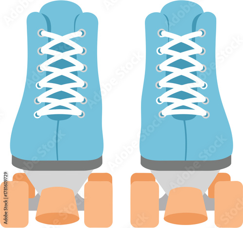 A pair of classic light blue quad roller skates with white laces and orange wheels.