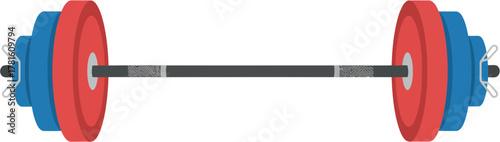 Colorful loaded barbell with red and blue weight plates for strength training.