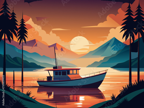 boat on the lake at sunset