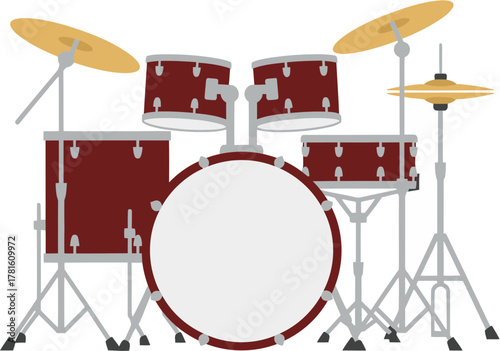 Red acoustic drum kit vector illustration isolated on a white background.